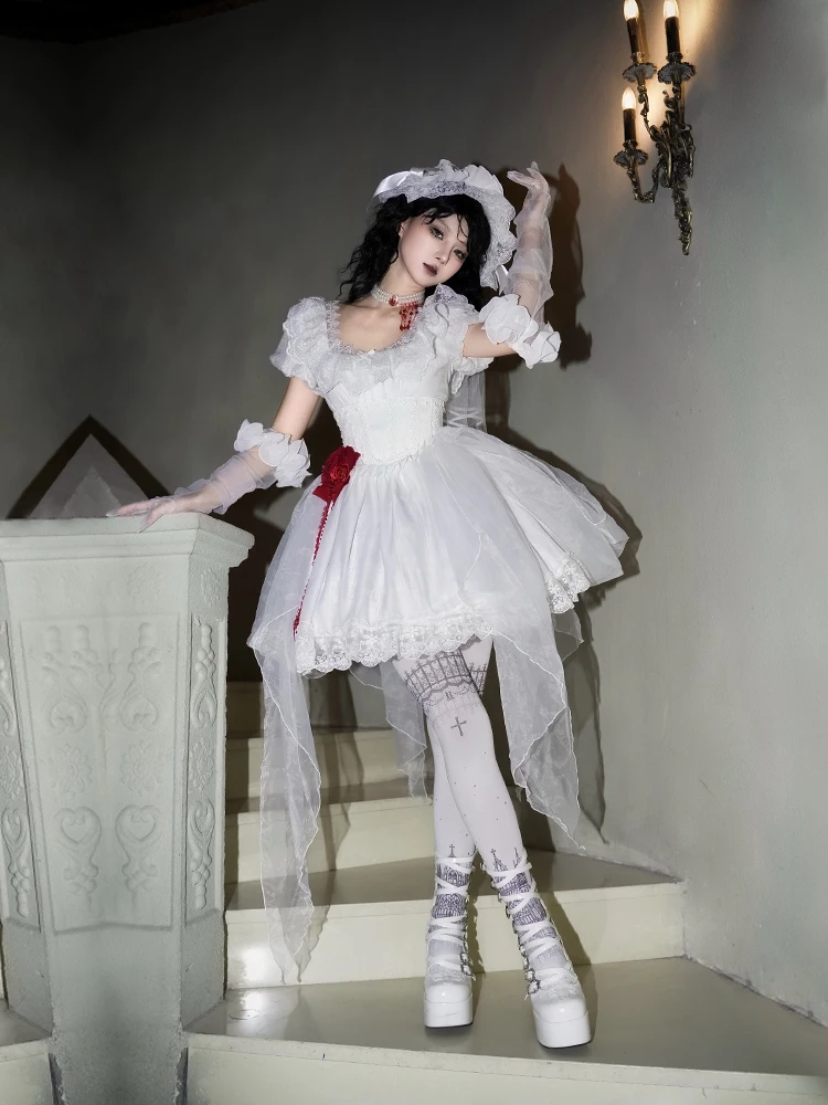 화이트 고딕 스타일 여성용 OP 드레스 2025 신상 오리지널 롱 & 숏 프린트 OP 트윈 드레스 여름 반팔 메쉬 드레스