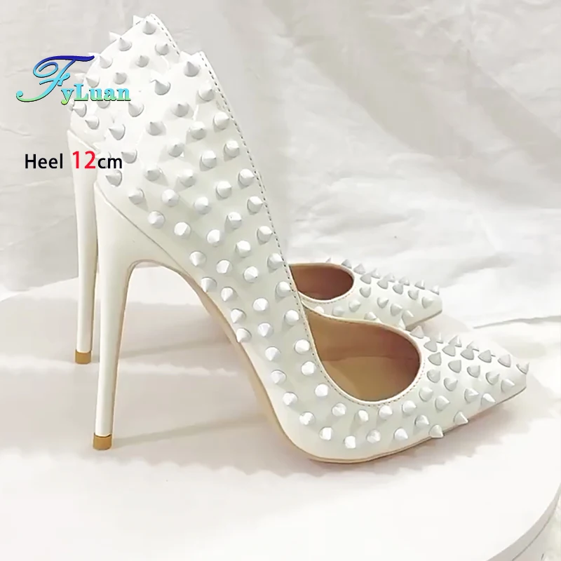 2025 Rivet High Heels Luxury Designer Punk Pointed Toe Women Single Shoes 8CM 10CM 12CM Nightclub Party White Pumps Plus Size 46