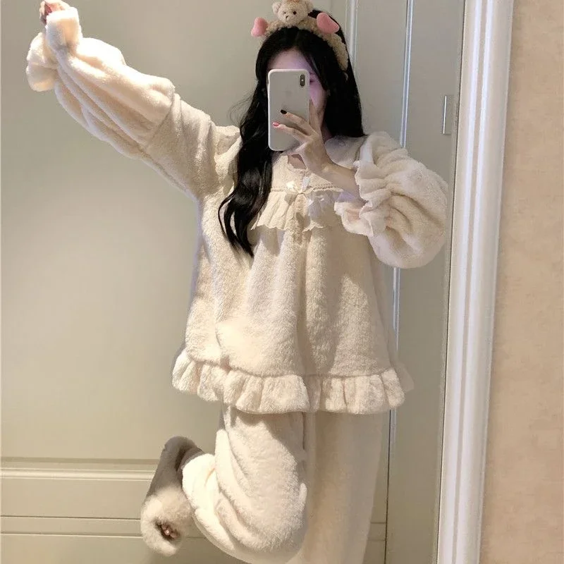 Women Pajamas Winter Thickened Warm Two-Piece Suit Casual Ventilate Coral Fleece Nightclothes Sets Loose Solid Color Homewear