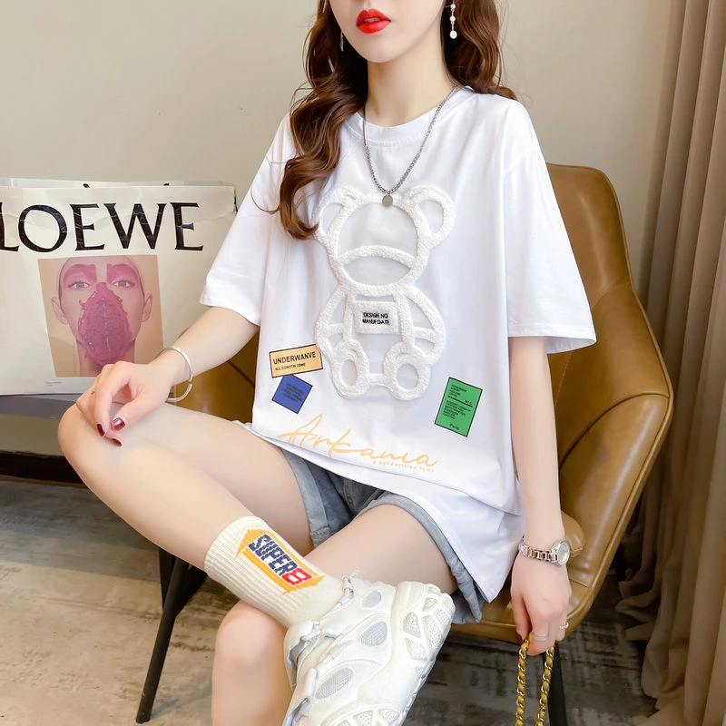 

Summer T Shirt Cotton Women Bear Print Graphic T Shirts Korean Fashion Medium Length Short Sleeved Oversized Women Tops