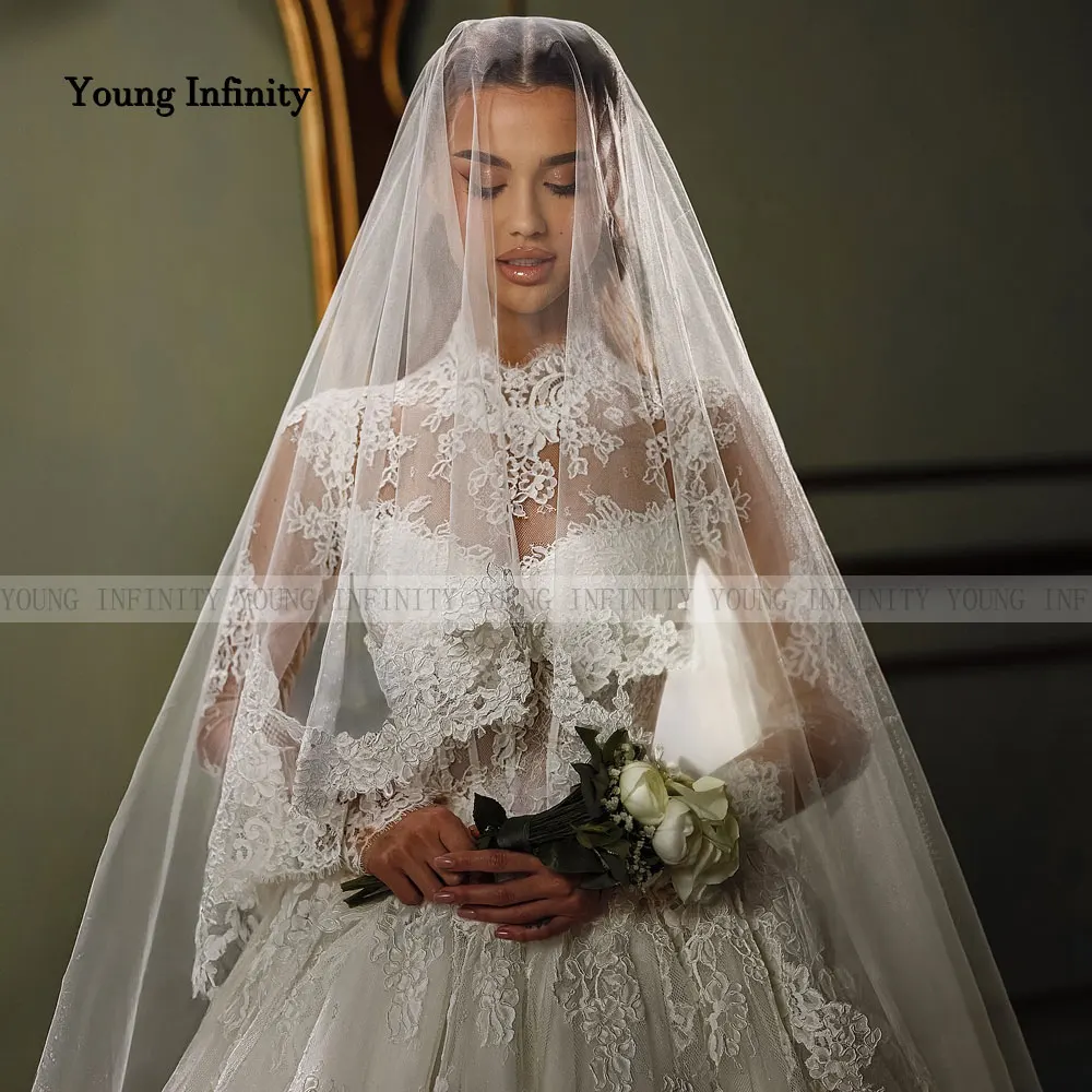 맞춤형 하이넥 긴팔 웨딩드레스 2025 신부 드레스 레이스 코르셋 여성 신부 정장 두바이 스타일 채플 트레인