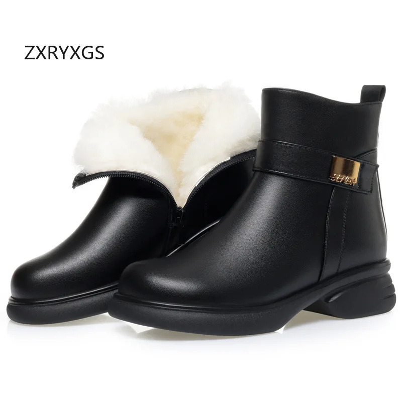 

ZXRYXGS New Fashion Cowhide Plush Winter Boots Black Shoes 2025 Large Size Mid Heel Soft Sole Warm Wool Boots Women Snow Boots