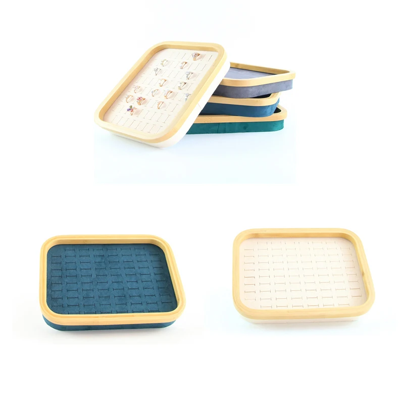 

76 Slots Ring Display Tray Bamboo Wood Jewelry Stand High Capacity Earring Plate for Jewelry Store Live Display Props