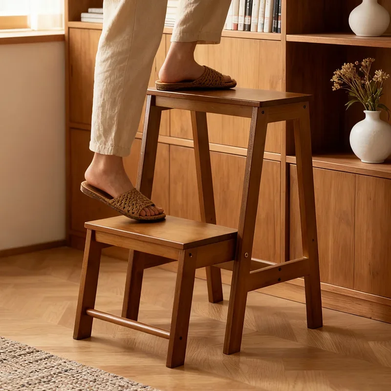 Solid Wood Ladder Stool Dual Purpose Folding Three Step Ladder Flower Rack Thickened Edges Step Stool Ladder for Home Furniture