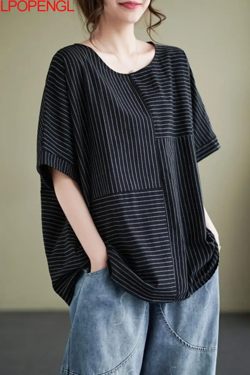 2024 Summer New Retro Literary Stripe Stitching Loose Short-sleeved T-shirt Oversized Casual Tops clothes for women