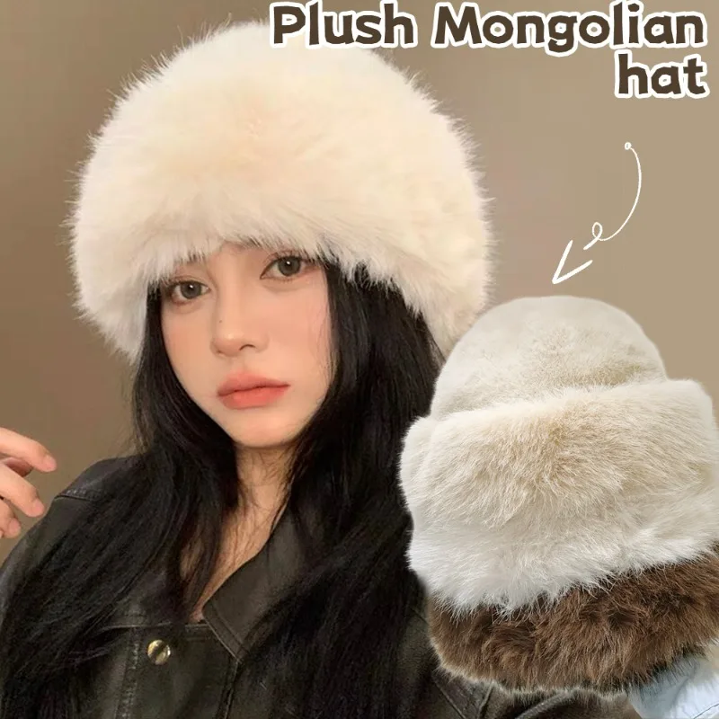 Winter Plush Mongolian Hat Fluffy Faux Fur Bucke Girls Women Thick Fluffy Fur Ear Protection Cap Warm Fashion Simple Windproof