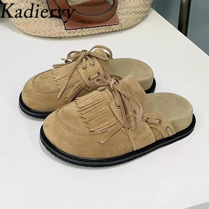 

Spring New Cow Suede Slippers Woman Round Toe Mules Shoes Woman Flat Slides Fringe Decor Comfort Thick Sole Slippers Women