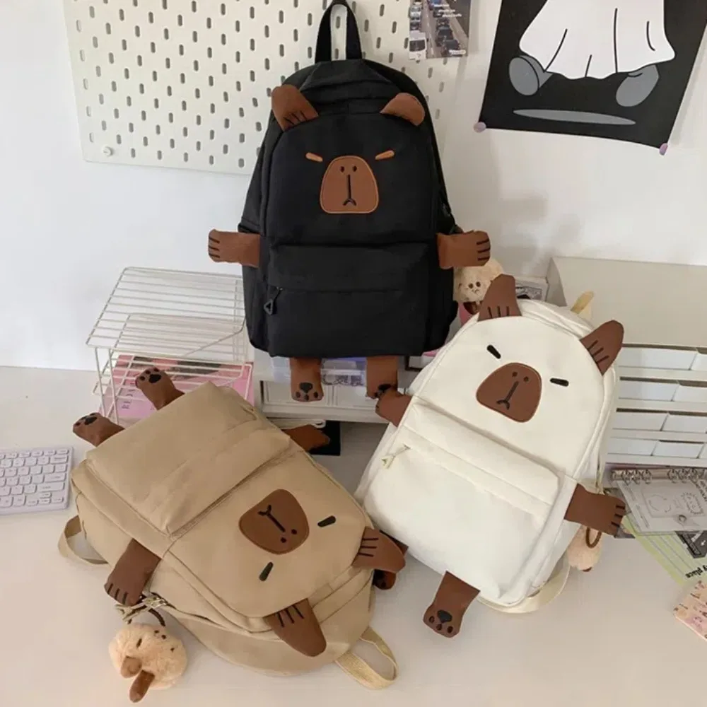 

Plush Doll Keychain Capybara Backpack Nylon Wide Straps Cartoon Animal Daypack Multi Functional Lightweight