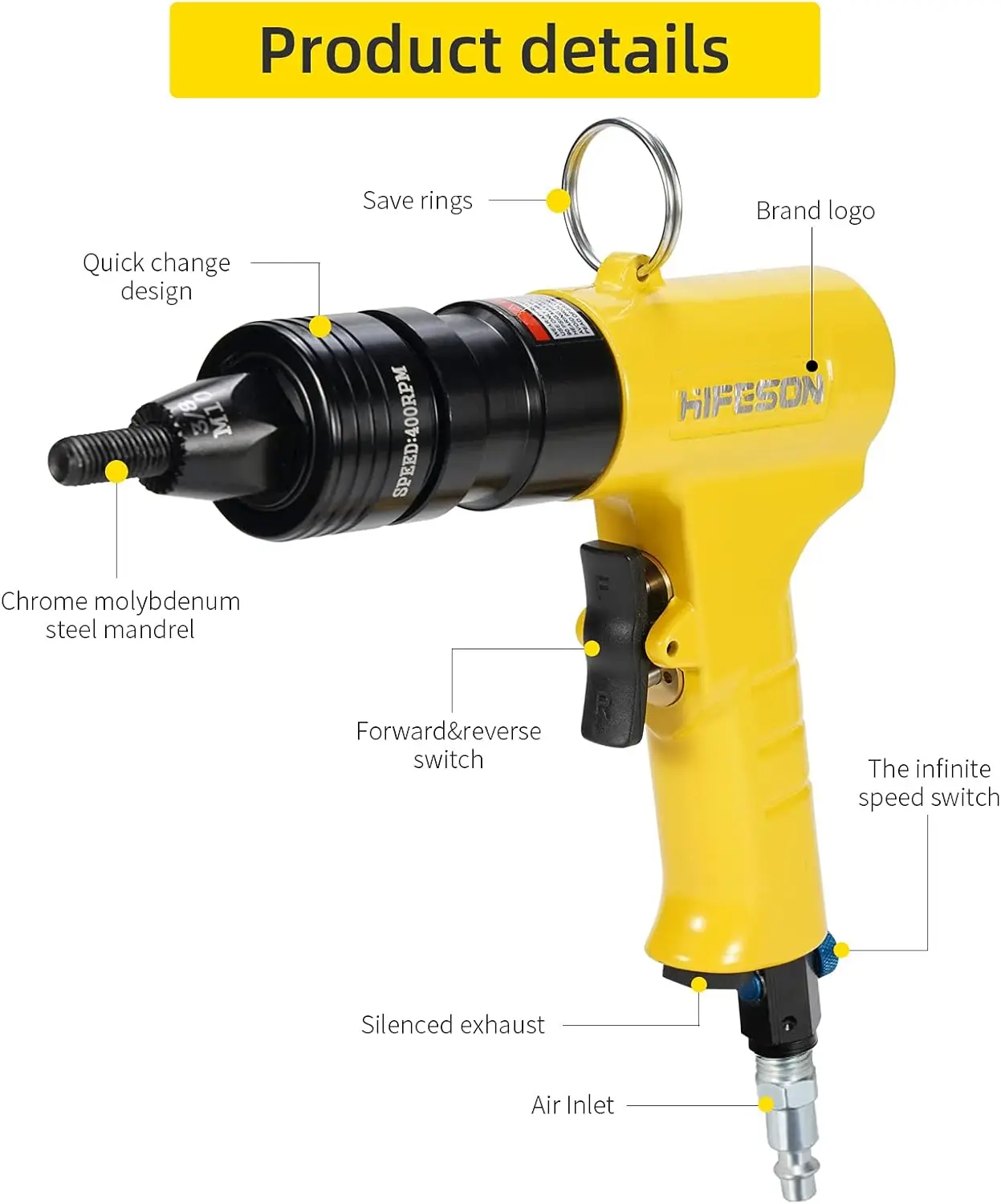 Pistola pneumatica per dadi per rivetti con pistola a testa autobloccante 1/4 e 5/16 e 3/8, mandrini a cambio rapido, aria a velocità regolabile di grado industriale