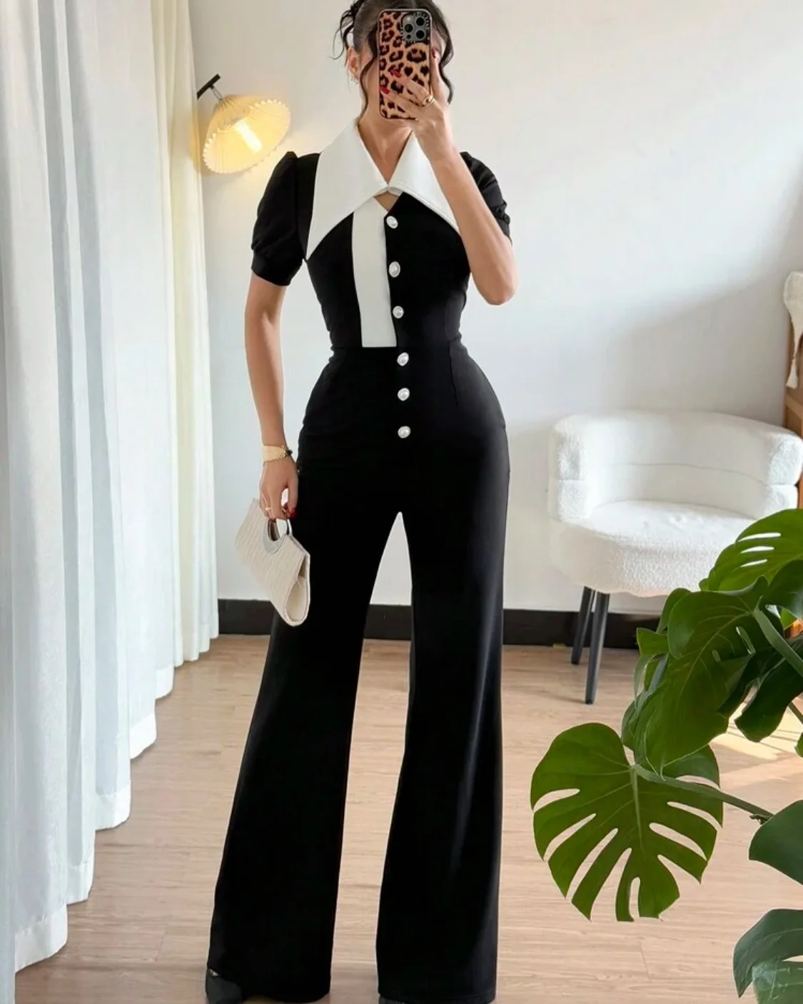 EINY Elegant Women Puff Short Sleeve Patchwork Bowknot Button Fly Wide Leg Jumpsuits Street Outfits Party One Piece Suit Rompers