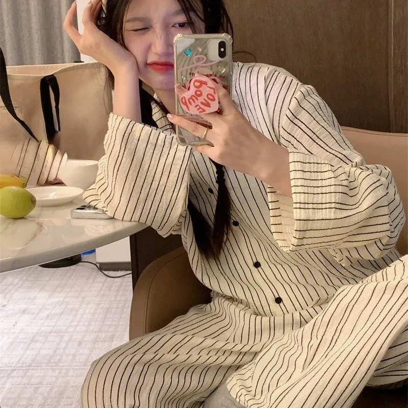 Cute V-neck Striped Pajamas Women's Spring Autumn Nightgown Sleepwear 2024 New Loose Homewear Long Sleeved Thin Loungewear Set