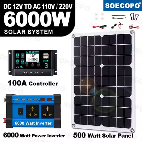 SOECOPO 6000W Home/Camping Backup Solar System Complete Kit 12V To 110V/220V 100A Controller 500W Panel Off-Grid Inverter System