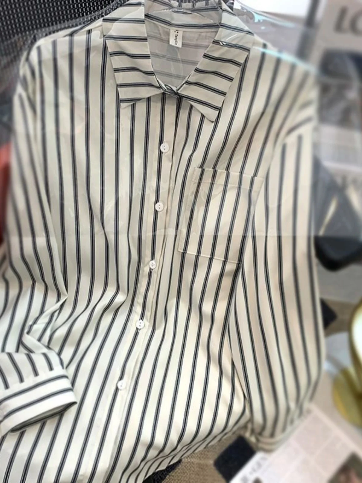 

Spring Summer Women's Casual Striped Shirt Long Sleeve Outerwear Design Sweet Style Loose Fit Collar Button up Top
