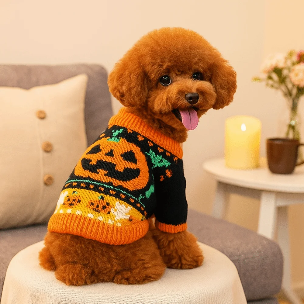 Turtleneck Design Halloween Dog Sweater Warm Pumpkin Costume Pumpkin Pet Sweater Soft Comfortable Cat Sweatershirt Small Dogs