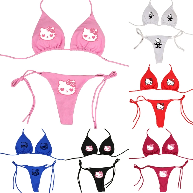 

Summer New Anime Hello Kitty Cute Cartoon Hanging Neck Lace Up Bikini Sexy Swimwear Women Split Strap Multicolor Underwear Set