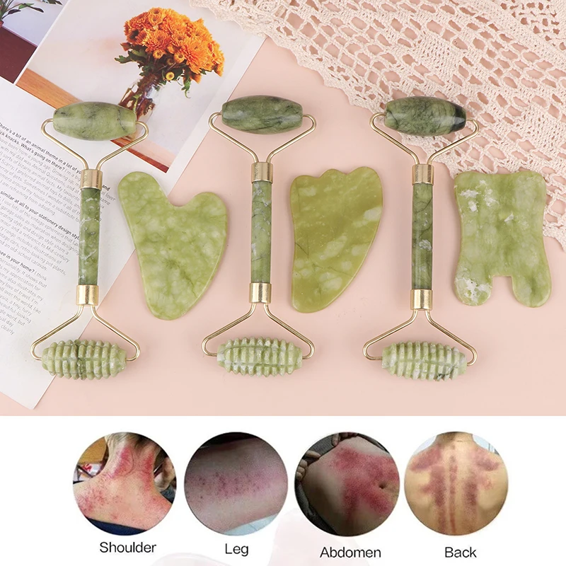 2Pcs Jade Roller And Gua Sha Set Face Massager Jade Stone Reduces Puffiness Wrinkles Reveals