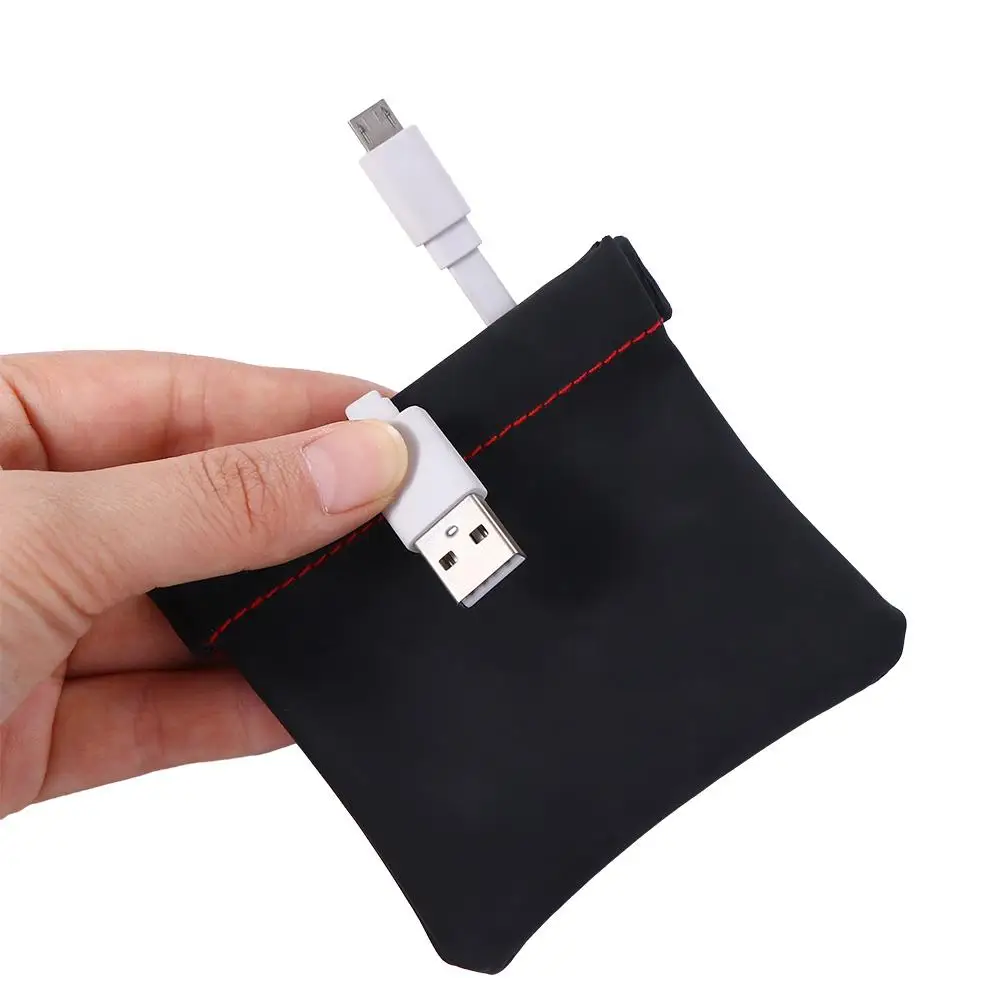 Portable Mini Black PU Leather Coin Purse Earphone Case Earbuds Pouch Headphone Case Earphone Storage Bag USB Cable Organizer