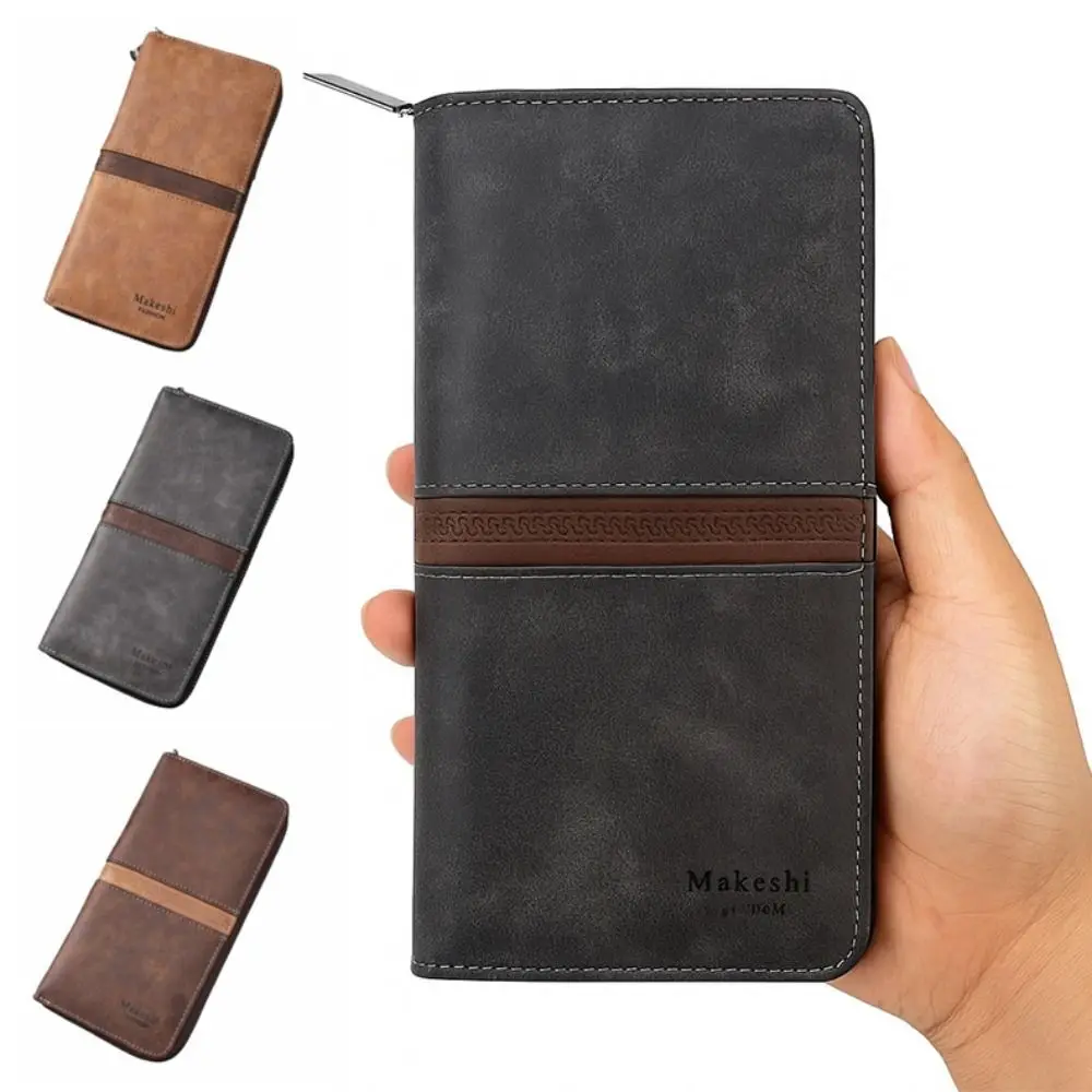 

Vintage Vintage Coin Purse Zipper Portable Business Card Holder Bag Colorblock PU Leather Men's Long Wallet Male Accessory