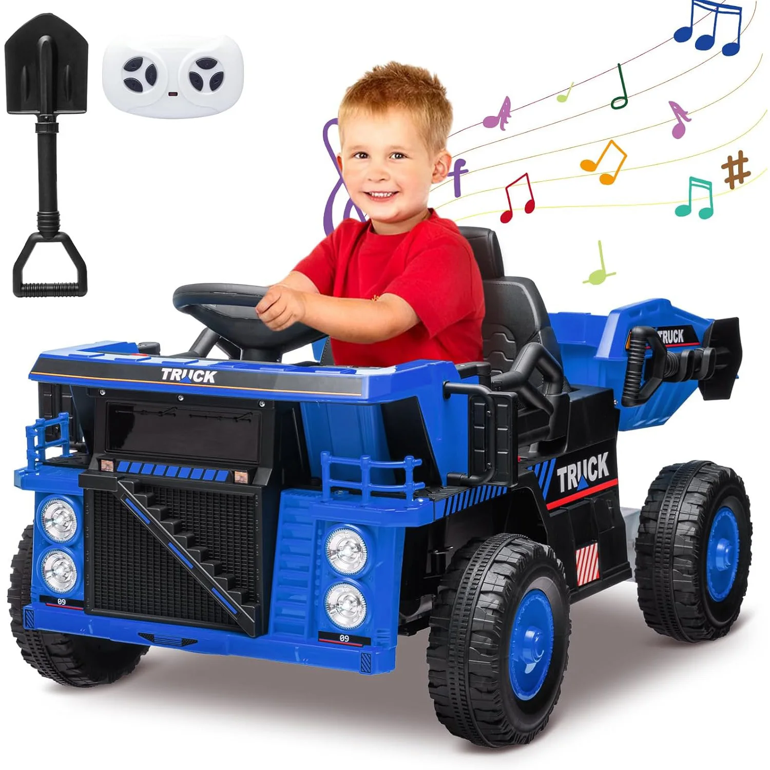 Camión volquete de 12V para niños, vehículo de construcción eléctrico con Control remoto, pala de cama volquete, reproductor de música, velocidad ajustable