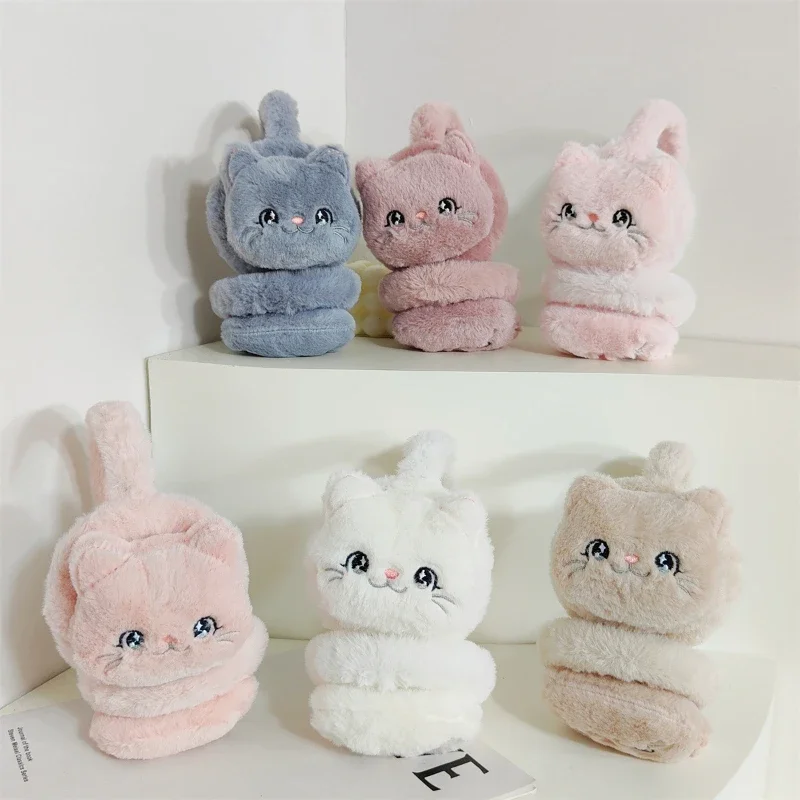 新しい女性用冬用漫画風かわいい猫のぬいぐるみイヤーマフ、暖かい厚手の柔らかい耳カバー、耳保護、暖かさを保つイヤーマフ、子供用