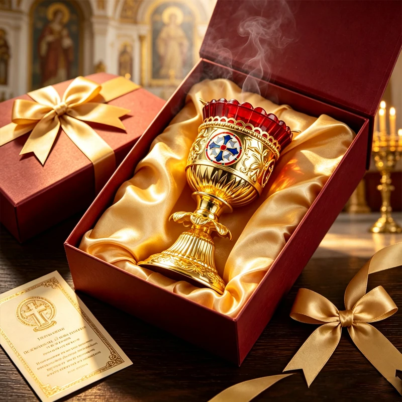 New Orthodox Vigil Lamp Enamel Cross Golden Candle Holder Gift Box Church Altar Prayer Decor Religious Memorial Blessing Gift