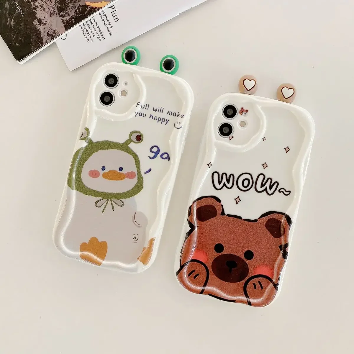 Korean Cute 3D Ears Bear Rabbit Case for IPhone 15 Pro Max 14 13 12 11 Pro Max XS XR 7 8 Plus 13 Mini Cream Wave Edge Soft Cover