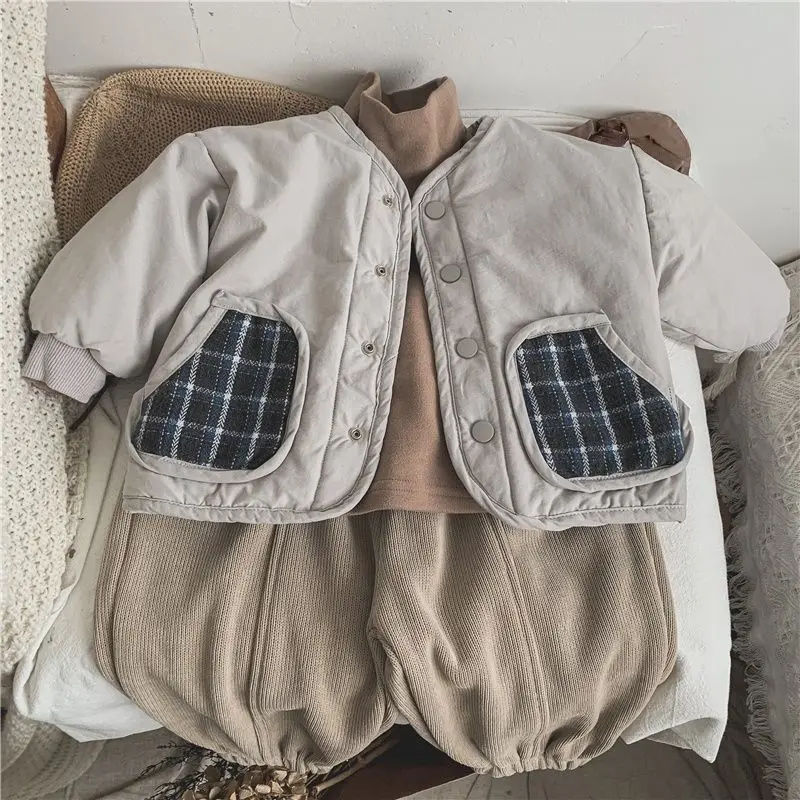 HoneyCherry Boys and Girls Vintage Cotton Plaid Jacket Warm Short Cotton Jacket Kids Jacket