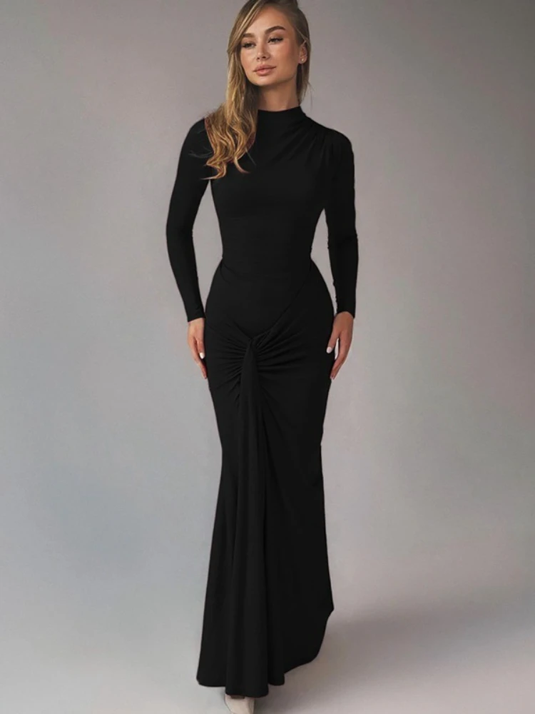 Fdyoui moda manga longa túnicas de cintura alta magro camiseta vestido feminino 2025 outono o-pescoço túnicas ruched sólido longo vestidos de escritório