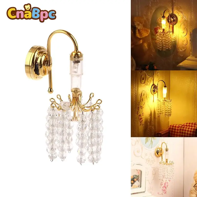 1:12 Dollhouse Miniature LED Light Gold Beaded Wall Lamp Home Lighting Model Furniture Decor Toy Doll House Bedroom Accessories