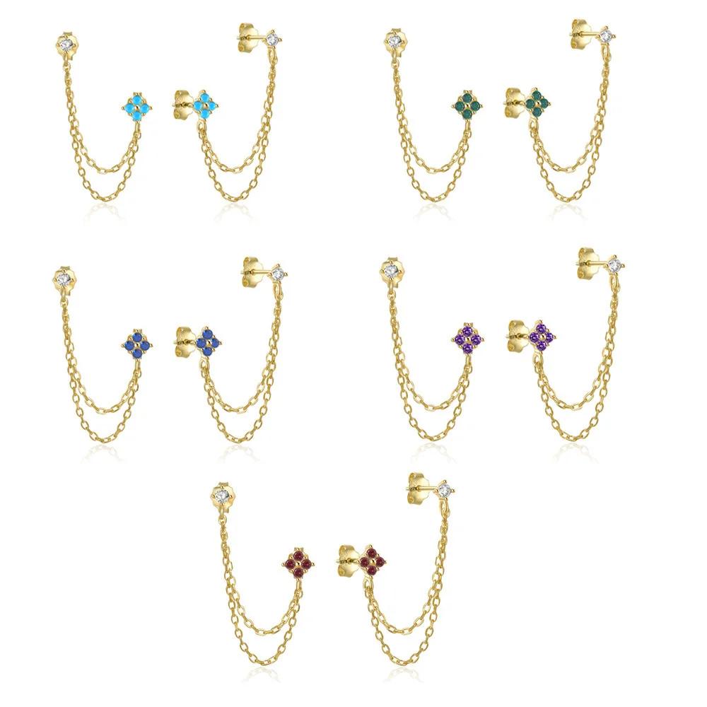 2PCS Delicate Tassel Chains Double Piercing Stud Earrings for Women Cubic Zircons Hanging on Ears Drop Cartilage Fashion Jewelry