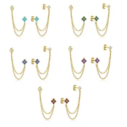 2PCS Delicate Tassel Chains Double Piercing Stud Earrings for Women Cubic Zircons Hanging on Ears Drop Cartilage Fashion Jewelry