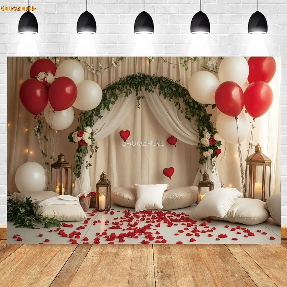 Hochzeit Porträt Fotografie Hintergrund Romantische Valentinstag Weiße Vorhänge Liebe Ballon Rose Blumen Party Dekor Hintergrund