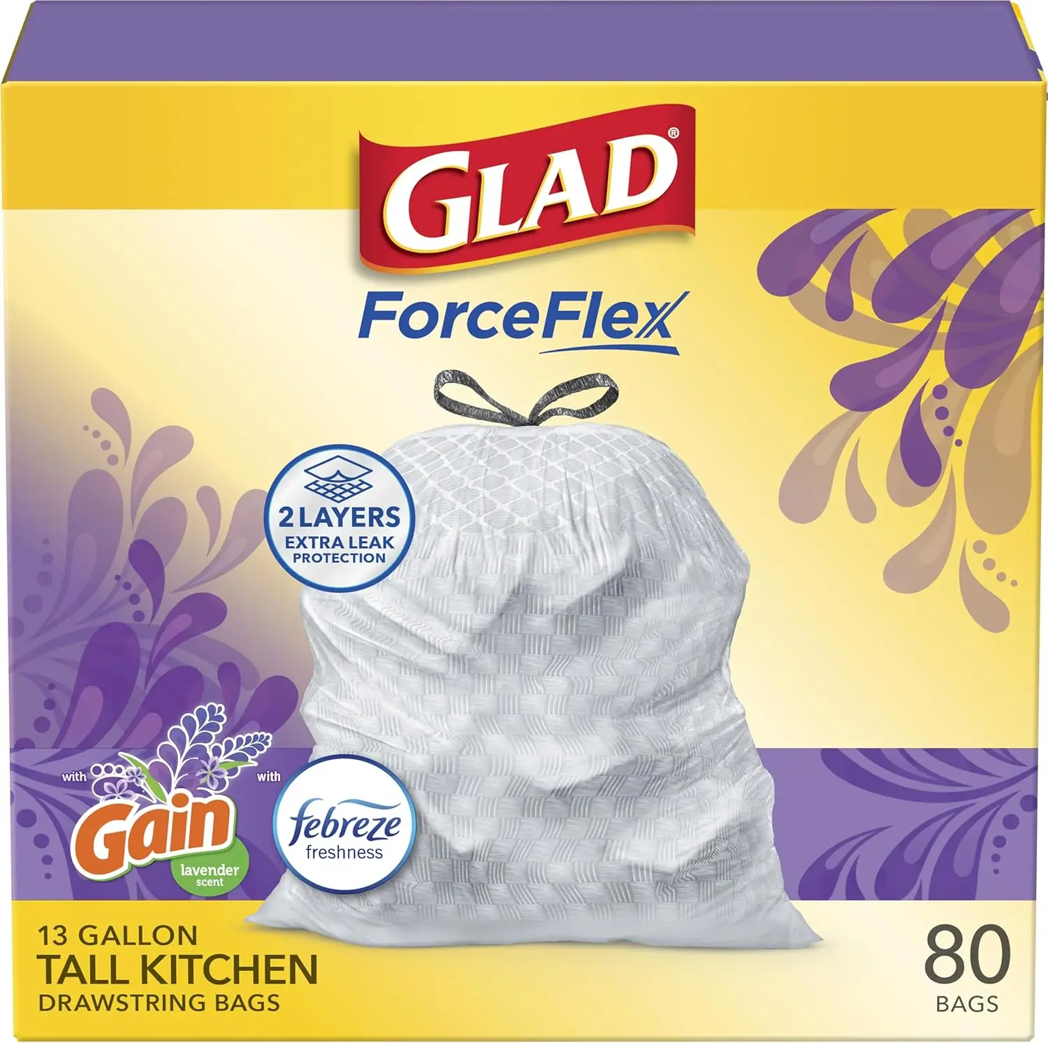 

13 Gallon Tall Kitchen Trash Bags, 80 Count with Flex Technology and Lavender Scent