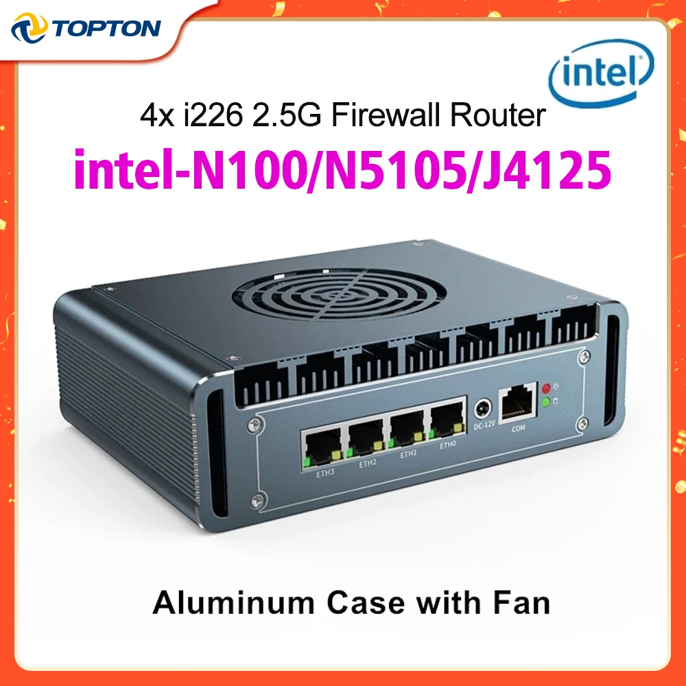 12th Gen Intel N100 Celeron N5105 J4125 Firewall Server Aluminum with Fan 4x i226 2.5G LAN pfSense PVE Computer Firewall Mini PC