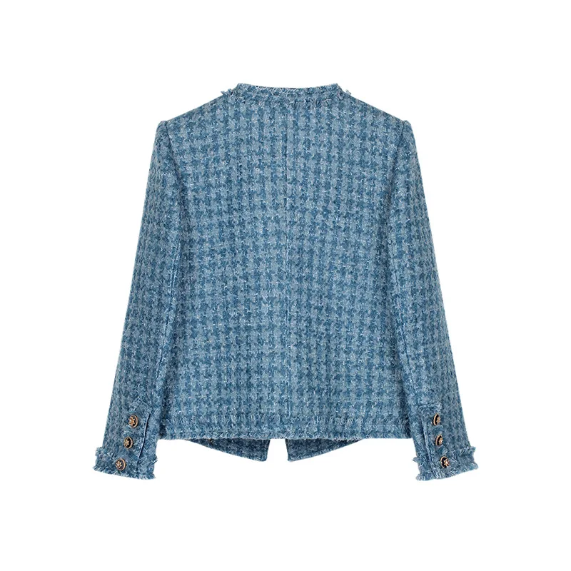 Elegant Vintage Round Neck Tassel Blue Small Fragrance Coat Women Fashion Tweed Casual Basic Office Lady French Coat Woman