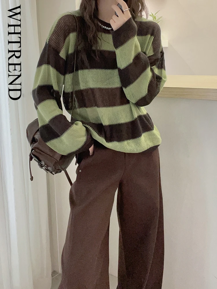 WHTREND Sweter damski w paski z dzianiny, okrągły dekolt, długie rękawy, blok kolorów, luźny, elegancki pulower, modny, jesień-zima, nowy WH1622