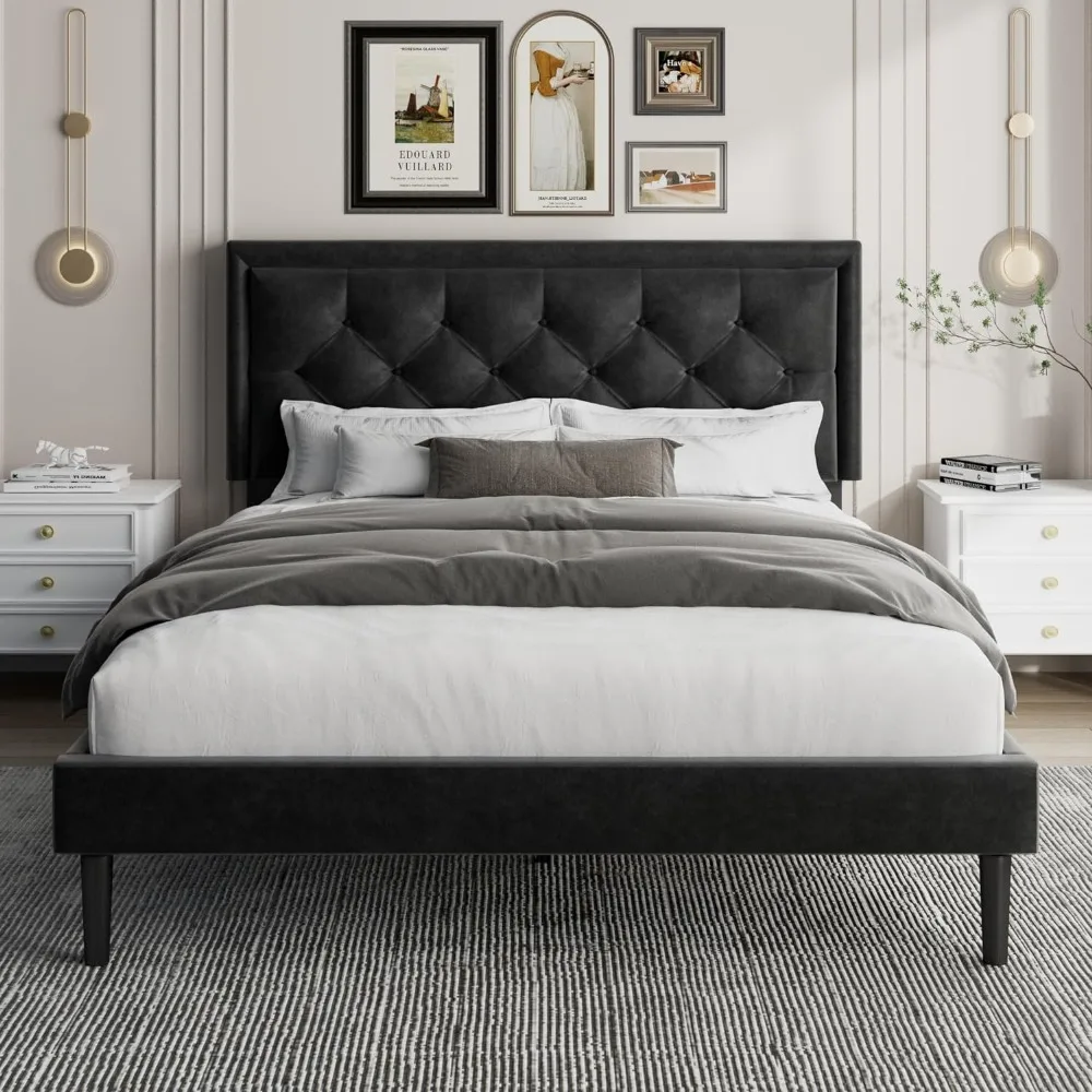 Full Size Bed Frame with Velvet Button Tufted Headboard, Modern Upholstered Platform Bed, Mattress Foundation, Easy Assembly