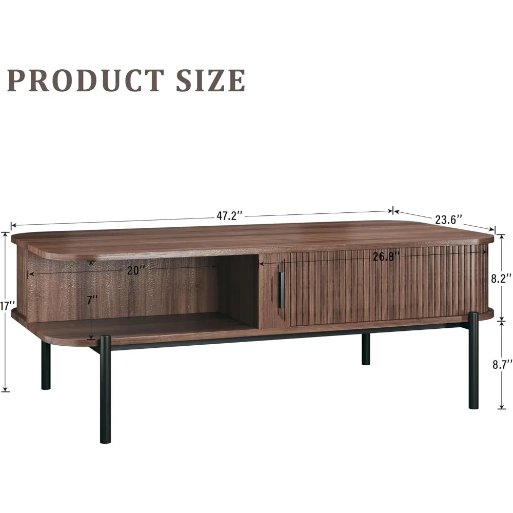 Coffee Table, 47.2 Mid Century Modern Coffee Tables for Living Room, Coffee Table with Storage Open Shelf, Fluted Table