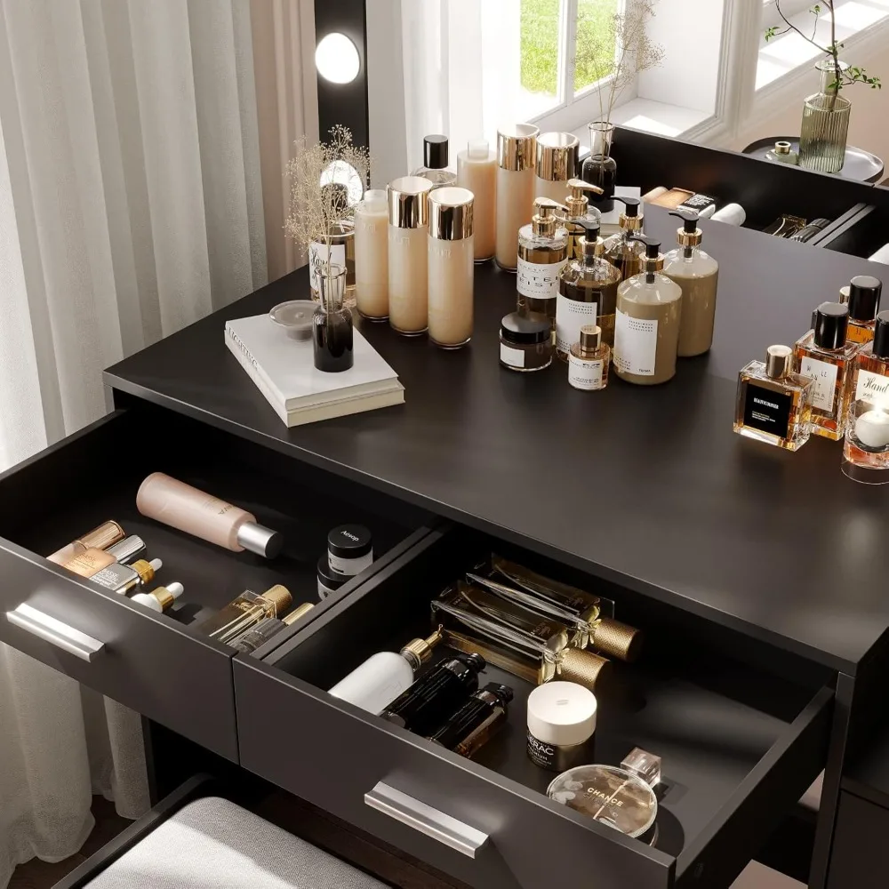 طاولة زينة كبيرة مضاءة بمرآة مع رف تخزين و5 أدراج، مكتب مكياج لغرفة النوم مع مساحة تخزين كبيرة لتنظيم المكياج #4