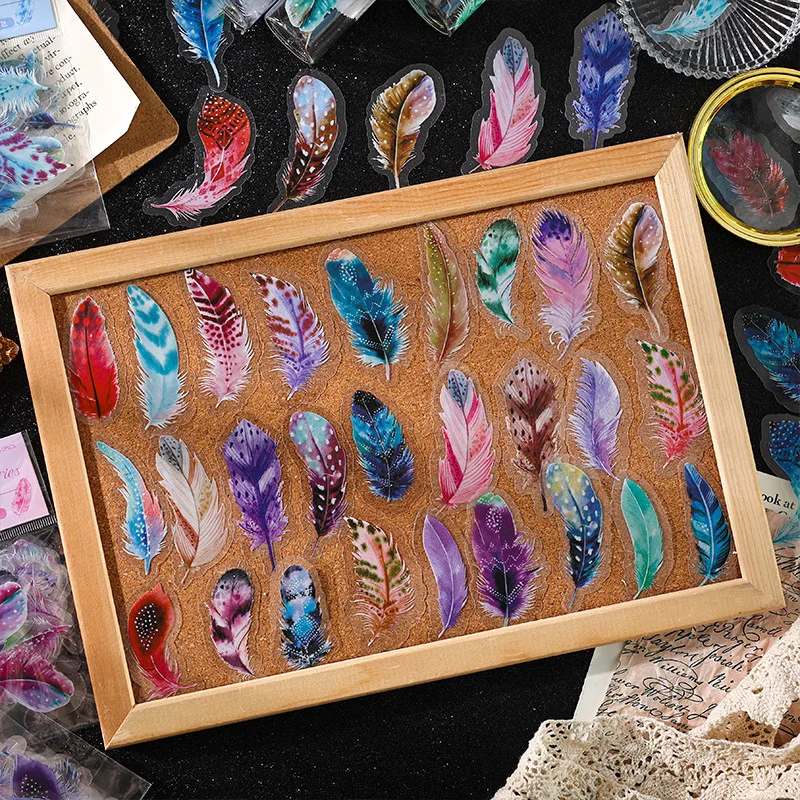 40pcs Waterproof PVC Feather Decorative Stickers for Collage Material Scrapbooking DIY Journaling