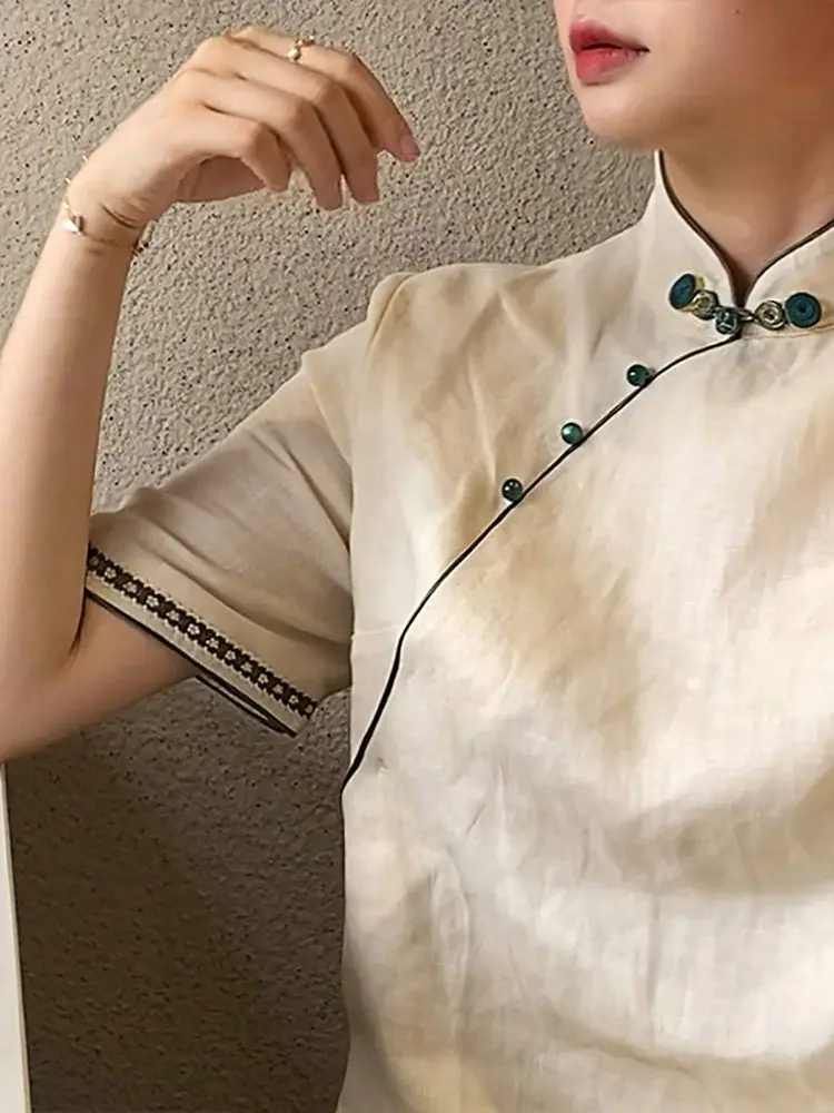 夏の新レトロバックル半袖ドレス女性中国風の緩い気質改善されたチャイナドレス