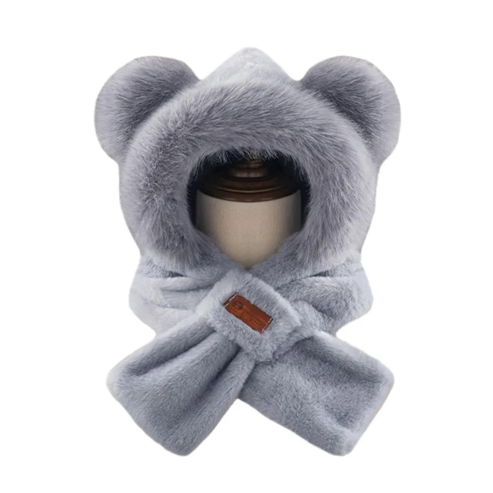 หมวกไหมพรมบุผ้าพลัฌนุ่มแบบหนาสำหรับฤดูหนาว พร้อมผ้าพันคอในตัว ป้องกันลมหนาว อุ่นสบาย เหมาะสำหรับผู้หญิง