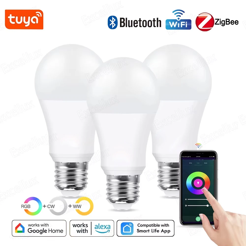 Tuya E27 Zigbee Lamp Bluetooth WiFi Smart LED Lamp RGB+CW+WW 15W Led Light Bulbs Works With Alexa Google Home Room Decoration