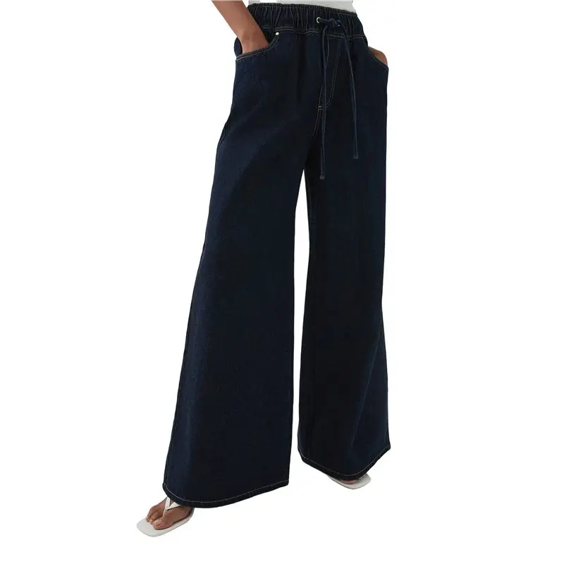 

ABRT-Women's Drawstring Wide Leg Jeans Low Waisted Loose Fit Denim Pants