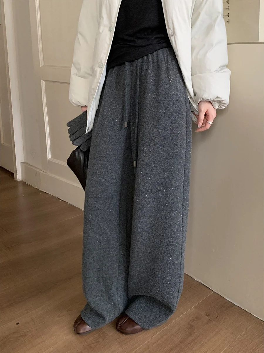 

Брюки Sweetknit осенне-зимние, утепленные флисом, с завязками, повседневные, из смесовой шерсти, облегающие, струящиеся, длинные, женские, модные