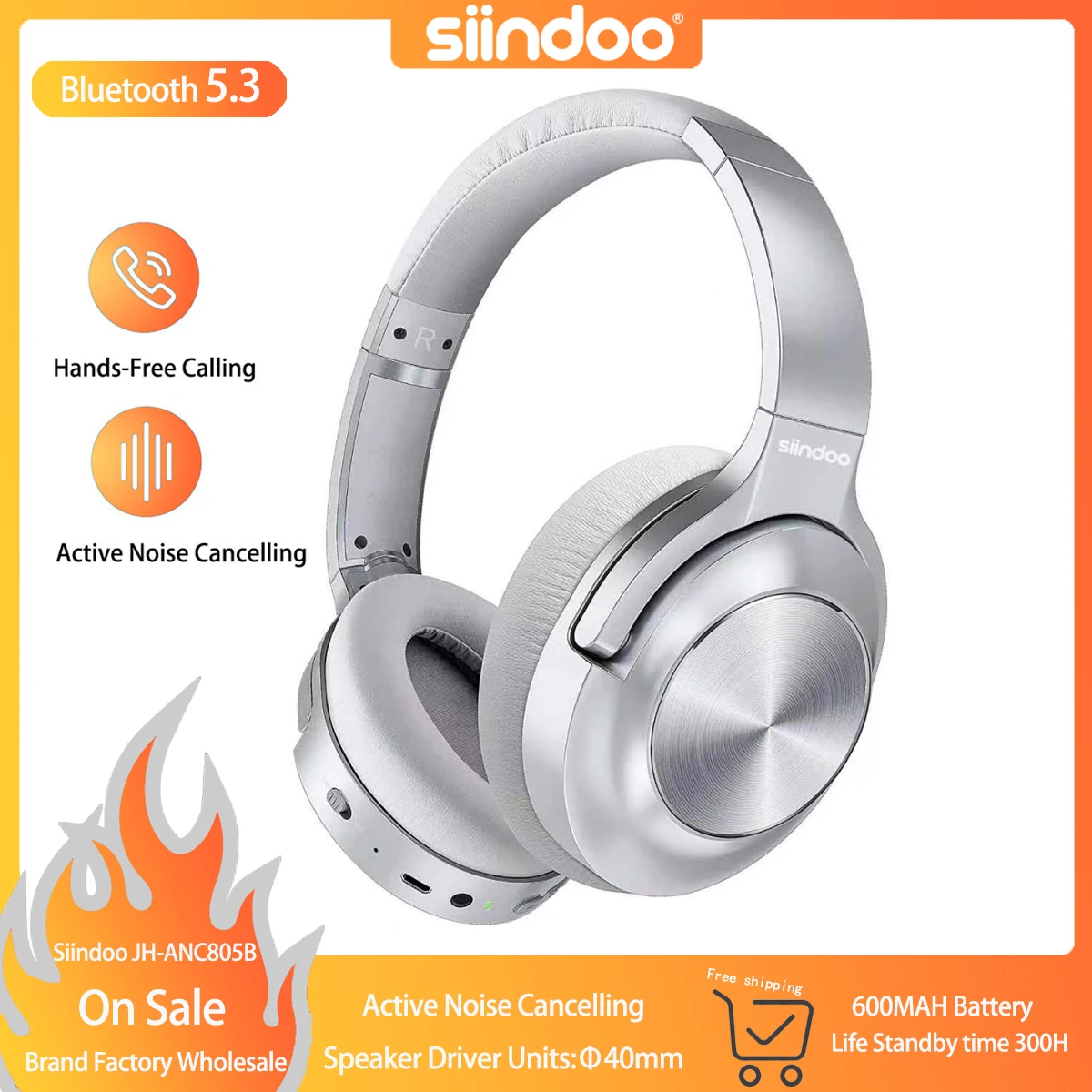 Siindoo JH-ANC805B Active Noise Cancelling Wireless Headphones Over Ear with Mic BT 5.3 HiFi Stereo Headset Deep Bass for PC TV