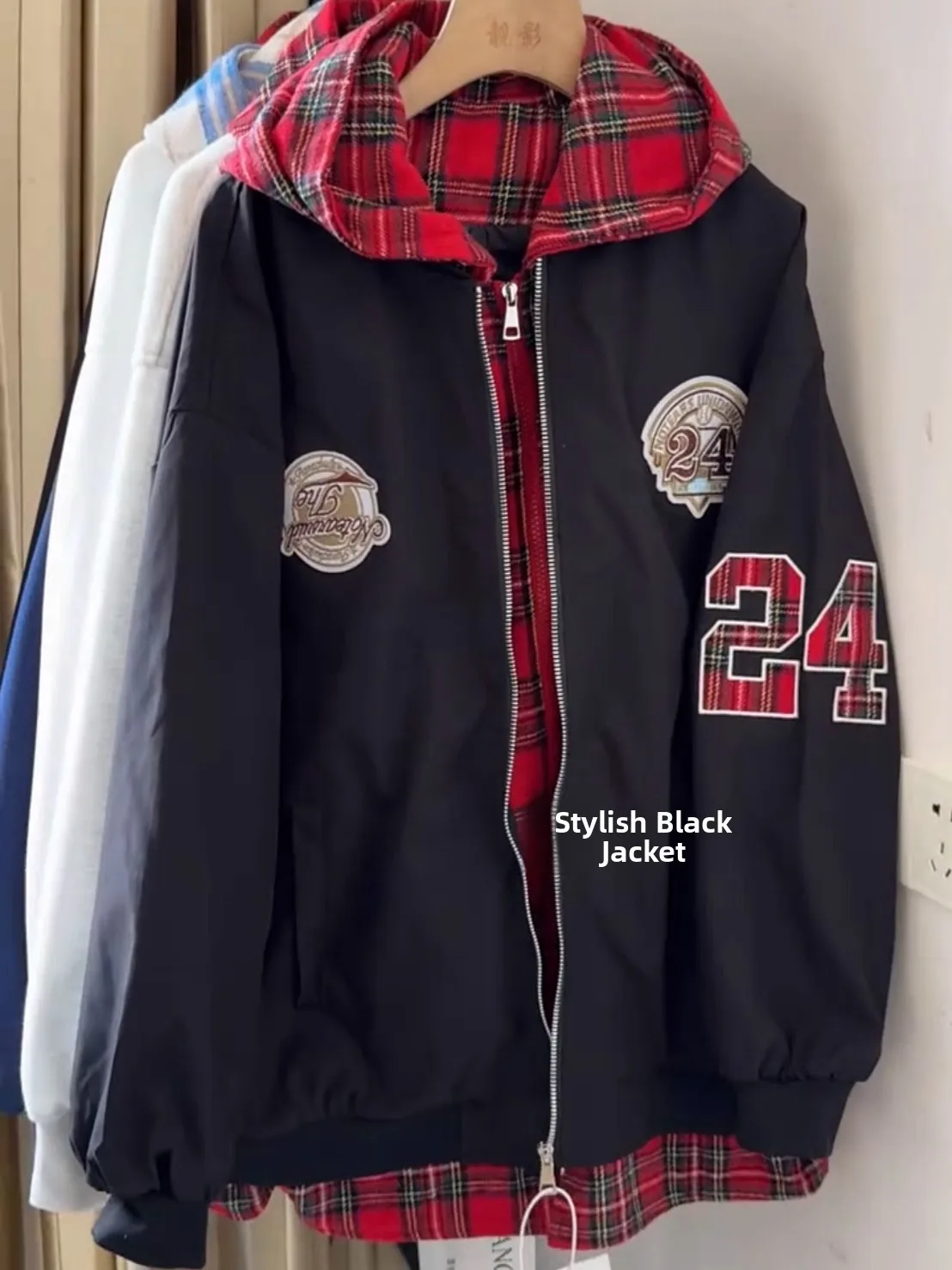 American sle primavera outono novo chapéu solto jaet xadrez ex outerwear falso de duas peças juventude longo sve zíper