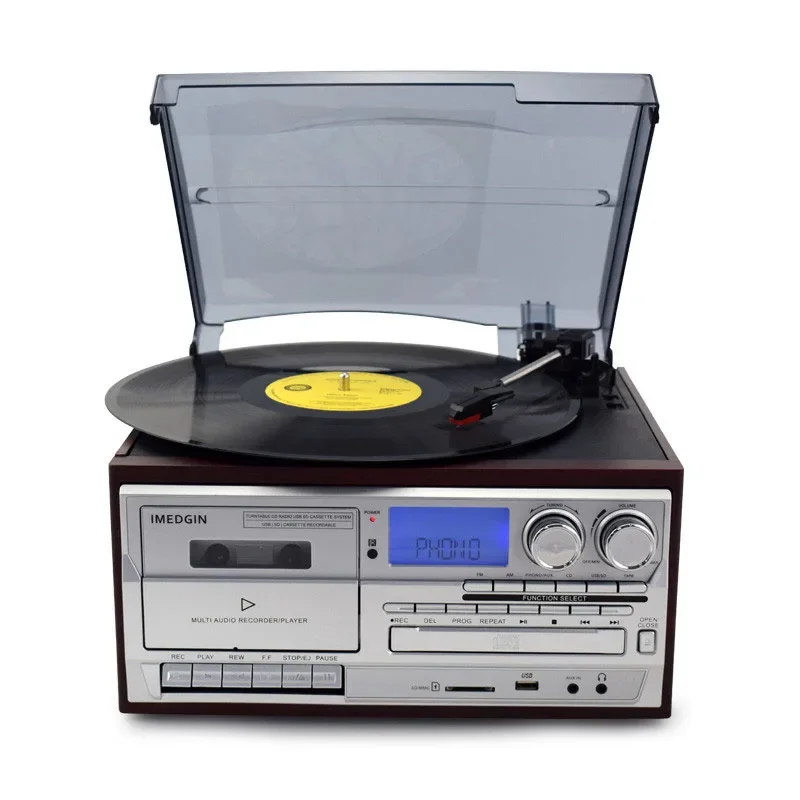 Retro Vinyl Multifunktions-Plattenspieler Plattenspieler 3-Gang-Phonograph mit AM/FM-Radio-CD/Kassette