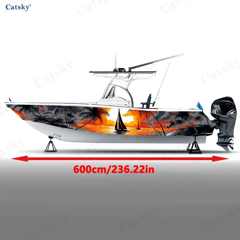 2Pcs Flame Sea Sailboat Silhouette Boat Stickers, PVC Waterproof Vinyl Wrap Decals for Fishing Boats, Durable and Stylish Design