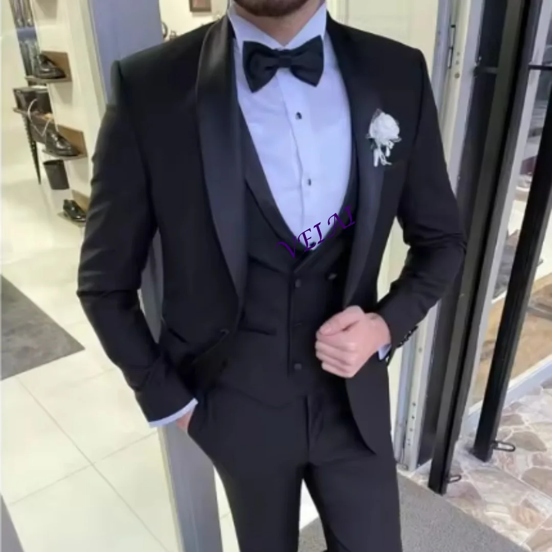 

CustomizedClassic Black Solid Wedding Suits For Men Custom Made 3 Piece Jacket Vest Pants Set Formal Groom Peaked Tuxedos Costum